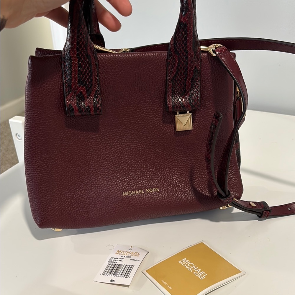 MICHAEL Michael Kors Burgundy Pebbled Leather Satchel with Snake-Print Handles